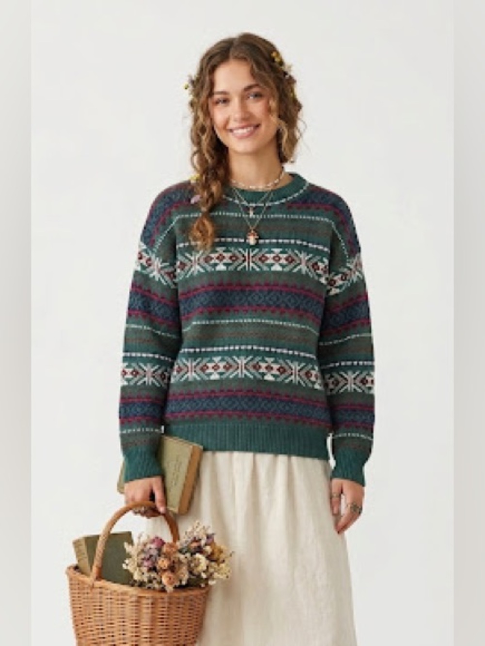 Vintage Cottagecore Forest Green Fair Isle Sweater Cozycore Goblincore Hobbit